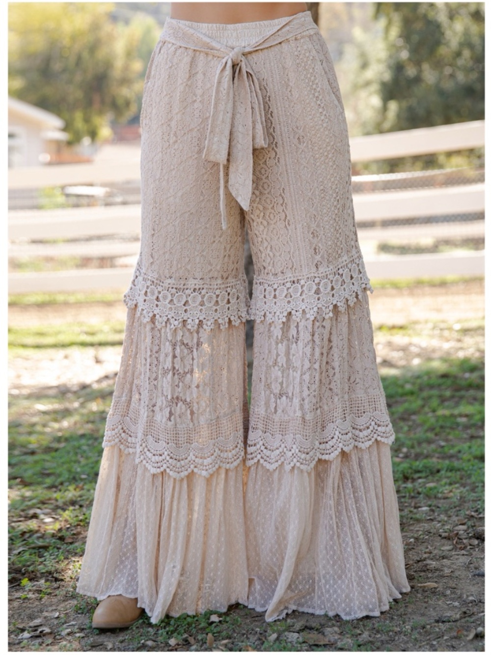 Young Threads Stretchy Waist Tiered Lace Wide Leg Pants - Picture 2 of 7